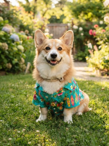 A joyful fluffy corgi dog wearing a vibrant teal handmade Hawaiian shirt, sitting in a sunlit backyard, looking happily at the camera, warm natural daylight, 35mm lens