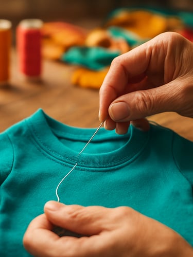 Close-up of artisan hands carefully sewing a vibrant teal pet shirt on a wooden workshop table, colorful spools of thread and fabric scraps in the background, warm natural light