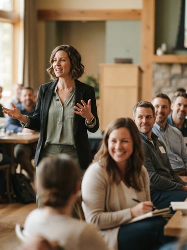 Candid medium environmental shot of a speaker presenting with natural gestures to an engaged audience in a warm, sunlit room, earthy tones with sage accents, shallow depth of field