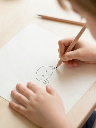 Close-up of a child's hands carefully coloring a simple hand-drawn illustration on thick textured paper, soft overexposed natural daylight, warm pastel cream tones, shallow depth of field.