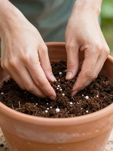 Close-up of hands mixing rich, dark, organic potting soil with perlite and compost in a large terracotta pot, soft morning daylight, macro depth of field, natural shadows