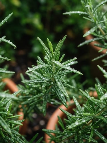 Macro close-up of fresh rosemary sprigs with dew drops, soft morning daylight, rich forest green background, shallow depth of field, organic editorial photography.