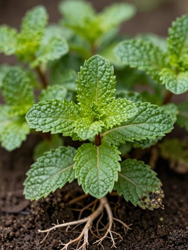 Close-up of vibrant mint leaves with strong root system, soft diffused light, rich dark soil, organic editorial photography.