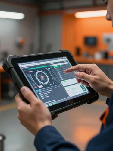 Close-up of a mechanic's hands using a diagnostic tablet in a modern garage, sharp focus on the screen displaying technical engine data, warm orange ambient glow, 35mm.