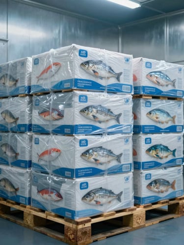 Close-up of industrial cold-storage facility interior, stainless steel surfaces, sterile blue lighting, stacked pallets of graded seafood boxes