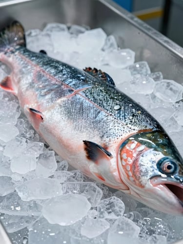 A close-up of perfectly graded whole Atlantic salmon resting on crushed ice in a sterile cold-storage facility, high-clarity industrial lighting