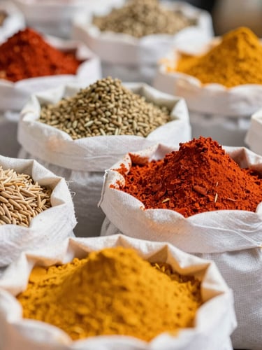 Macro details of raw colorful spices in bulk sacks, bright natural daylight, rich organic colors of paprika and turmeric, shallow depth of field