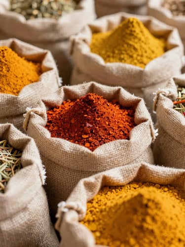 A close-up overhead shot of vibrant, colorful spices in open burlap sacks, warm natural daylight, rich organic textures of paprika, turmeric, and dried herbs, shallow depth of field
