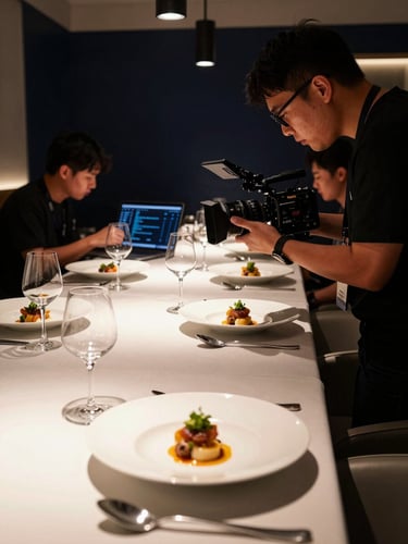 Wide-angle view of a professional content production session inside a high-end restaurant, camera operator framing a close-up of a plated dish under dramatic side-lighting, crew member reviewing a laptop screen with analytics visible, deep navy shadows filling the background, warm practical light on the table