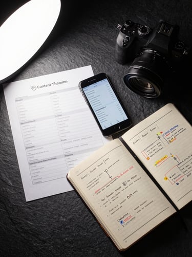 Overhead flat-lay of a content planning session: printed shot lists, a mirrorless camera body, a phone showing a social media analytics dashboard with real numbers, a branded notebook open to a strategy map, all on a dark slate surface lit from the upper-left with a soft studio strobe