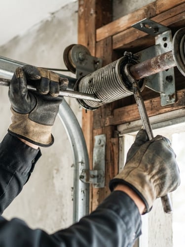 Close-up of a technician's hands in work gloves calibrating a garage door's torsion spring system with specialized tools, bright Florida daylight, high-contrast industrial tones, sharp focus, 35mm lens.