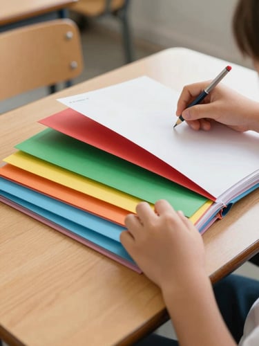 Close-up of a child's hands organizing a structured, colorful project folder on a bright wooden school desk, daylight.