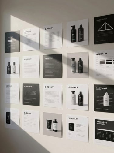 Wide environmental shot of a studio wall covered in printed brand mockups and identity sheets — signage, packaging, digital screen prints — lit by north-facing daylight, no people, structured flat compositions visible across the surface