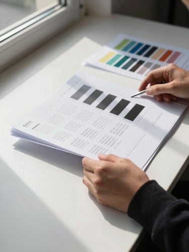 Close-up detail shot of a designer's hands arranging brand guideline sheets on a matte white table, north-facing window light casting clean shadows, color palette swatches and type specimens visible mid-spread