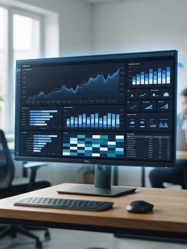 Tableau de bord financier interactif affiché sur un écran d'ordinateur moderne, graphiques épurés conformes aux standards IBCS, éclairage de bureau naturel et soft glow bleu.