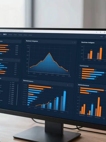 Gros plan d'un écran affichant des visualisations de données complexes et des graphiques de Business Intelligence conformes aux standards IBCS, esthétique technologique épurée, tons bleus et orange.