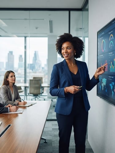Une femme d'affaires afro-américaine présentant des rapports financiers et des tableaux de bord interactifs Power BI dans une salle de conseil moderne, éclairage technologique doux, style épuré.