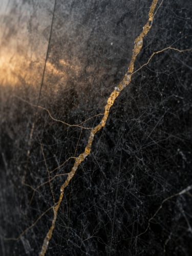 Close-up of premium polished black marble with subtle gold veins, wet with mountain mist, dramatic low-key lighting, architectural macro photography.
