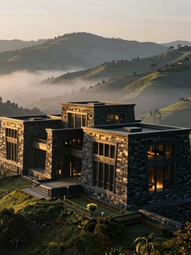 Cinematic architectural shot of a luxury stone structure built into the green hills of Shillong, mist rising from the valley, soft morning light, deep obsidian and gold hues.