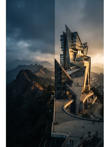 Hero-split portrait of modern architectural lines cutting into the misty Shillong mountain skyline, dramatic golden hour light, deep obsidian and gold tones, sharp focus.