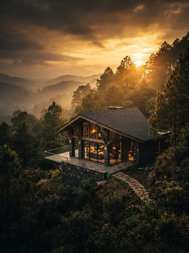 Cinematic architectural view of a modern stone pavilion nestled in the misty pine hills of Shillong, dramatic golden-hour light filtering through the trees, deep obsidian and gold tones, 35mm lens.