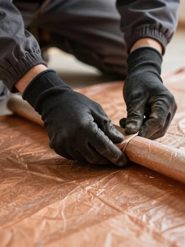 Close-up portrait shot of a technician's gloved hands meticulously sealing a hearth with protective sheeting, warm interior light, shallow depth of field.
