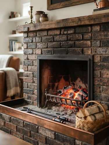 Portrait of a meticulously restored brick hearth, glowing embers, clean firebox, warm interior lighting, shallow depth of field, rich charcoal and copper tones.