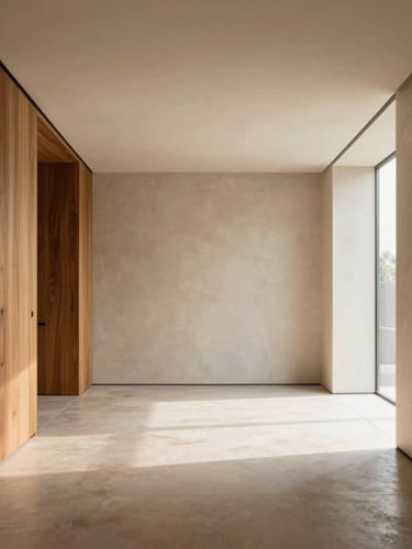 Wide one-point perspective of a minimalist luxury living room in Jakarta, clean architectural lines, warm beige plaster walls, natural morning light casting soft shadows, high-end bespoke oak millwork.