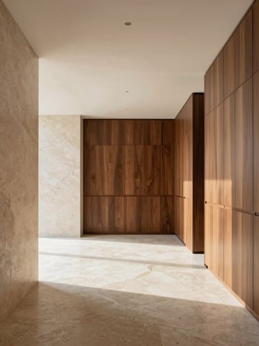 One-point perspective of a minimalist luxury living room with raw travertine walls, custom walnut cabinetry, warm natural daylight, architectural precision.