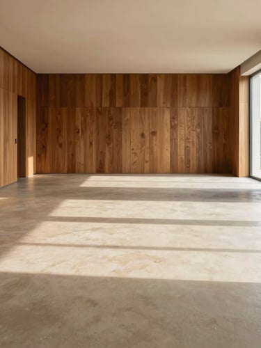 Strict one-point perspective wide shot of a minimalist luxury living room, morning natural daylight casting long soft shadows on warm beige concrete floor and bespoke oak wood millwork, no people.