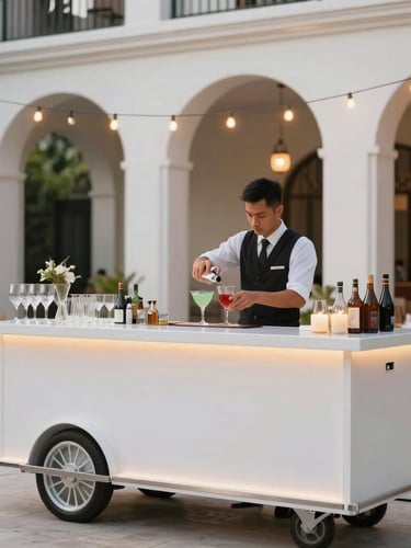 A sleek, modern mobile bar setup at an outdoor evening wedding reception in the Philippines, warm ambient string lights, crisp glassware, professional mixologist preparing a colorful cocktail, architectural depth.