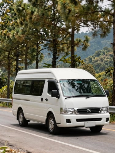 A clean modern passenger van traveling along a scenic mountain highway in Benguet, pine trees lining the road, bright natural daylight