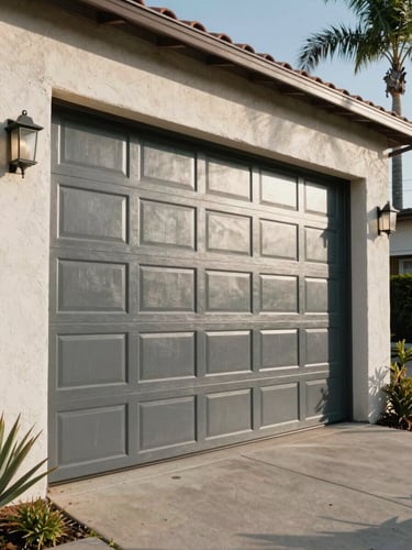 Wide environmental shot of a freshly installed steel panel garage door on a single-story stucco home in East Los Angeles, natural midday light casting sharp shadows on the door panels, palm tree visible at the right edge, street-level perspective showing the door in full building context