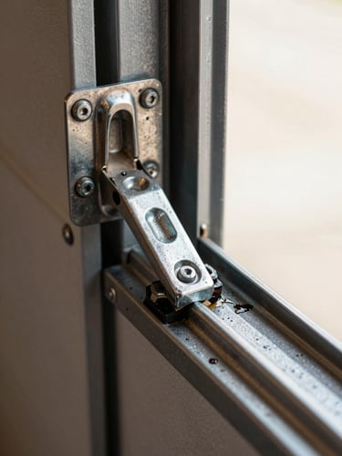 Extreme close-up of a garage door hinge plate and roller assembly freshly installed on a steel door section, visible bolt heads and galvanized finish, warm natural sidelight from a garage bay opening showing metal texture and grease on the track