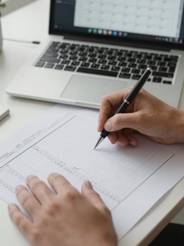 Close-up overhead shot of hands writing task notes on a printed scheduling grid on a desk, a laptop showing a calendar tool open in the background, bright office daylight, no faces visible