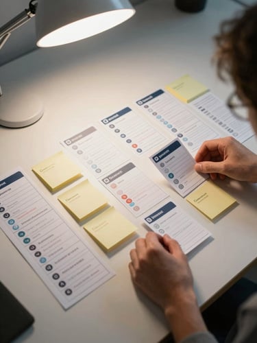Overhead medium shot of a shared task board on a desk — printed sprint cards and sticky notes arranged in columns, two sets of hands sorting cards, bright overhead office light, neutral desk surface
