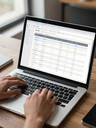 Close overhead view of a laptop screen displaying a CRM pipeline board with deal stages and task columns visible, hands resting on keyboard, bright office daylight from a window to the left