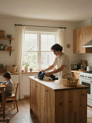 Wide environmental shot of a warm kitchen in honest morning window light, a parent folding laundry at a wooden counter, a child's toy visible on a chair nearby, baskets and household items in soft focus, warm cream and natural wood tones, documentary style, no staging