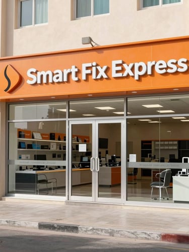 Wide view of the physical storefront of Smart Fix Express in Muwailah Commercial, Sharjah, bright natural daylight, clean professional photography, 35mm