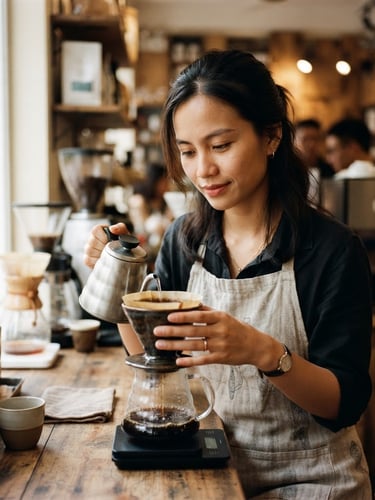 A thoughtful portrait of a Vietnamese coffee educator looking down at a ceramic dripper, soft natural light, warm editorial style, 35mm lens