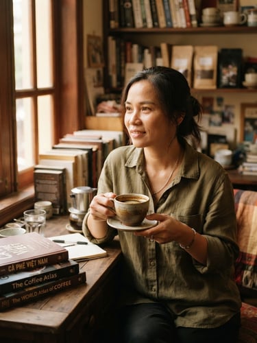 A thoughtful portrait of a Vietnamese coffee educator in a warm, book-filled study, soft afternoon light filtering through a window, holding a ceramic cup, warm editorial photography style, 35mm lens