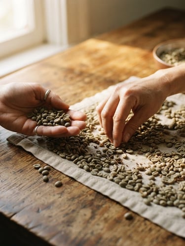 Close-up of hands gently sorting green coffee beans on a wooden table, warm morning light pouring through a window, editorial 35mm photography
