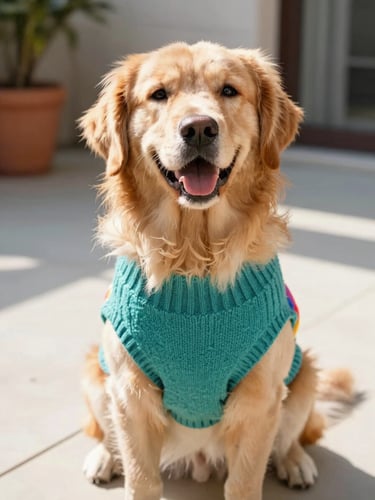 A happy fluffy golden retriever wearing a colorful handmade teal sweater, sitting comfortably, looking at the camera with a joyful expression, bright natural daylight, outdoor patio background