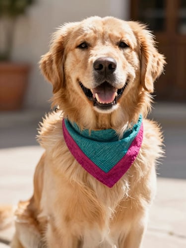 A happy fluffy golden retriever wearing a colorful woven teal and magenta bandana, sitting in warm Mexican sunlight, close-up shot, shallow depth of field