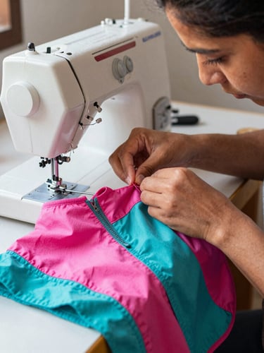 An artisan woman carefully stitching a colorful pink and teal fabric pet vest in a sunlit workshop in Celaya, threads and sewing machine visible, warm atmosphere