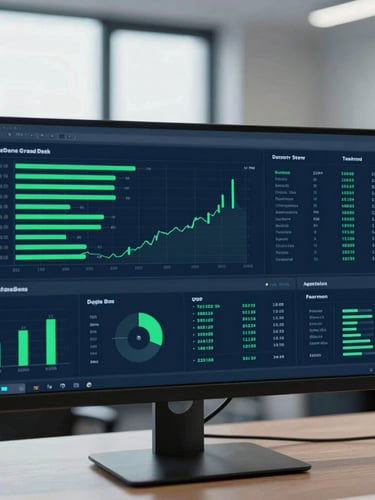Close-up of a modern dual-monitor workspace showing real-time analytical dashboards with clean data lines, cool office daylight, sharp contrast, electric green accents, 35mm