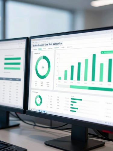 Macro shot of a modern clean dual-monitor setup showing analytical dashboards, cool office daylight, sharp contrast, deep blue accents, 35mm