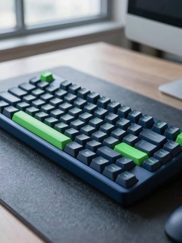 Close-up of a high-end mechanical keyboard and sleek aluminum trackpad on a slate desk, cool morning window light, sharp focus, 35mm