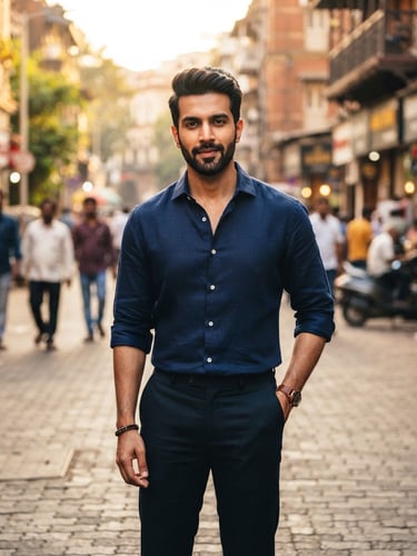 Confidently posed Indian male model in a sharp navy blue shirt, natural outdoor urban backdrop, high-contrast daylight, 85mm lens, shallow depth of field, rich navy and warm gold tones.