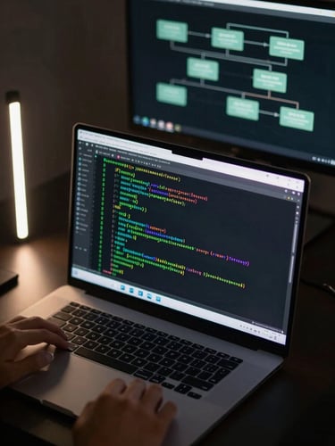 Close overhead shot of a dark workstation desk, terminal window open with green-on-black Python output mid-execution, automation log lines scrolling, a secondary monitor showing a process flow diagram glowing against near-black background, single cool LED strip providing rim light on the left edge